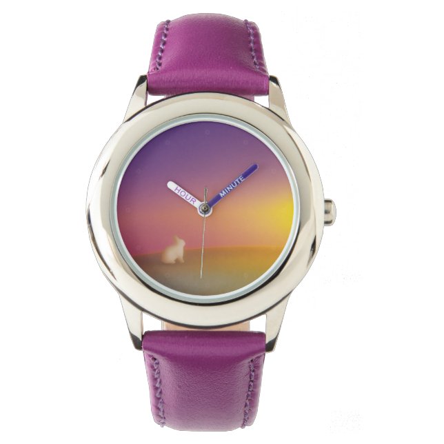 Relógio Coelho Branco Bonito no Monte Grassy no nascer do  (Frente)