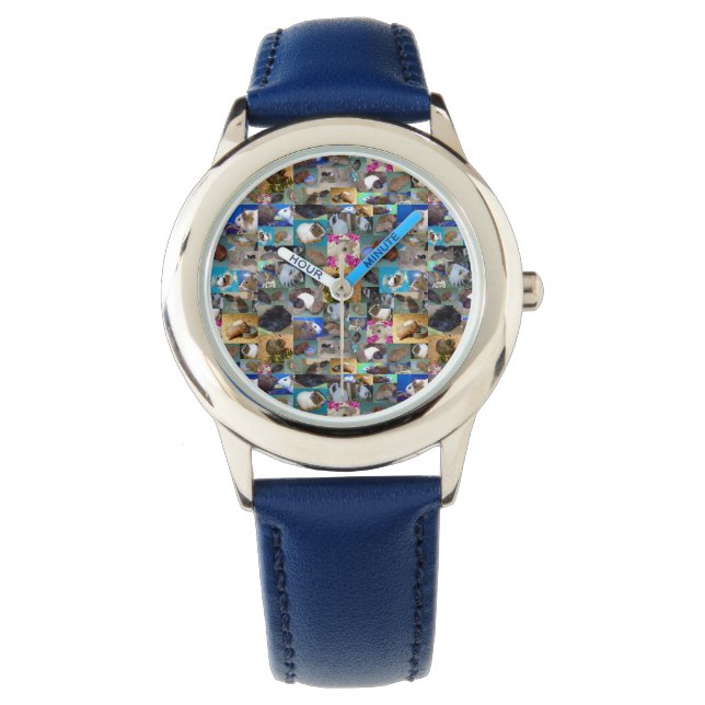 Relógio Colagem de Fotos de Suínos, Crianças, Blue Leather (Frente)