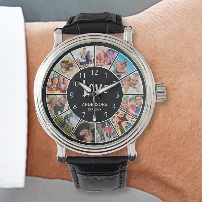 Relógio Colagem Personalizada de Fotos da Família em Preto (Criador carregado)