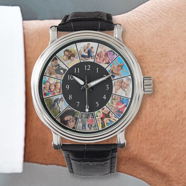 Relógio Colagem Personalizada de Fotos da Família em Preto (Criador carregado)