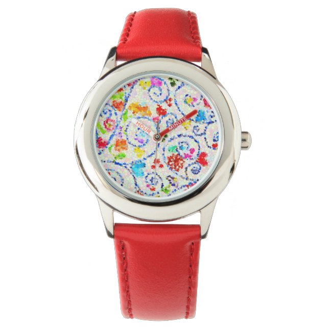 Relógio Colorful Mosaic Hearts and Swirls Whimsical Kids'  (Frente)