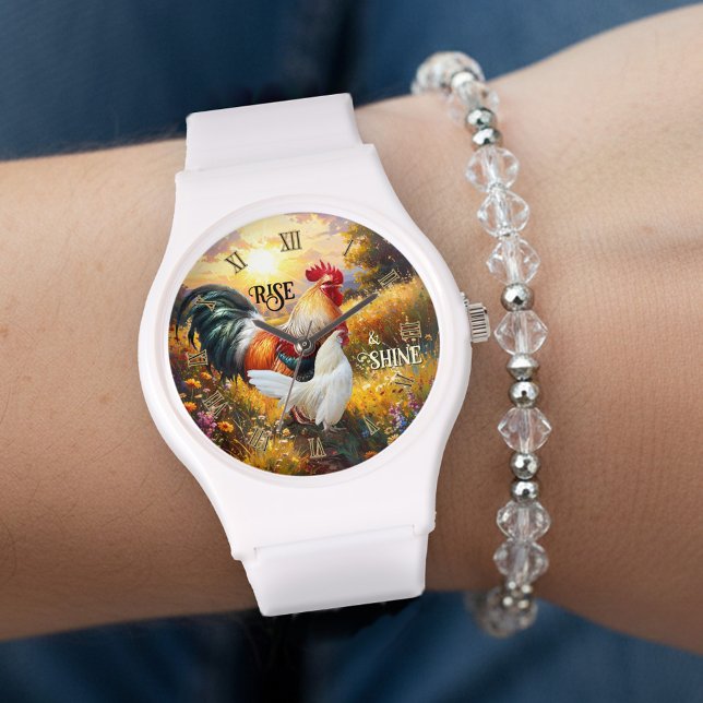 Relógio Colorful Rise and Shine Rooster (Rise and shine watch featuring a colorful painting of two roosters at sunrise)