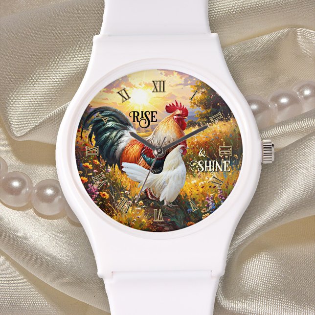 Relógio Colorful Rise and Shine Rooster (Rise and shine watch featuring a colorful painting of two roosters at sunrise)