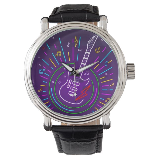 Relógio Colorida Neon Music Background Com A Guitar Watch (Frente)