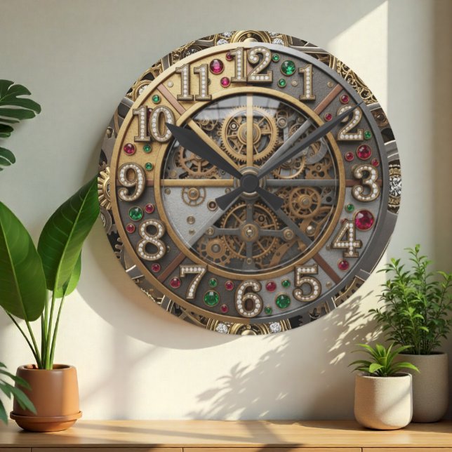 Relógio com joias, Steampunk, ouro, joias (Industrial Steampunk Mechanical Jeweled Clock)