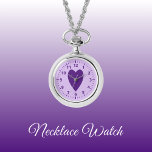 Relógio Coração de amor roxo escuro e leve<br><div class="desc">Presente do Necklace Watch. Com um coração de amor roxo e números de relógio em um fundo roxo mais leve.</div>