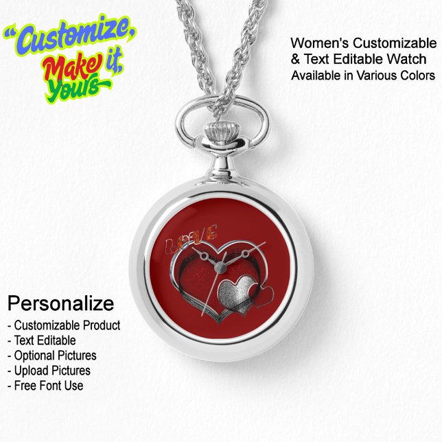 Relógio Coração Magic Silver Necklace Observar Face Vermel (Women's Heart Magic Silver Necklace Watch Featuring a Red Face.)