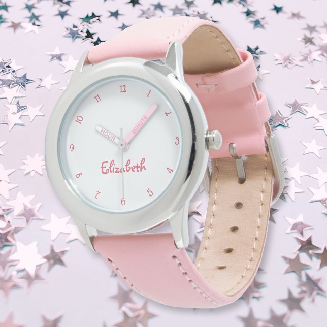 Relógio Corações Cor-de-Rosa Bonitos Meninas Nome Personal (Cute Pink Hearts Girls Custom Name Girly Chic Kids Watch)