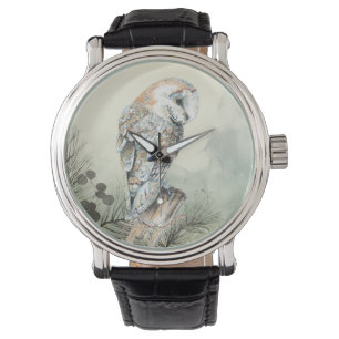 Relógio Coruja de Casca de Aquarela em Tree Bird Art Watch