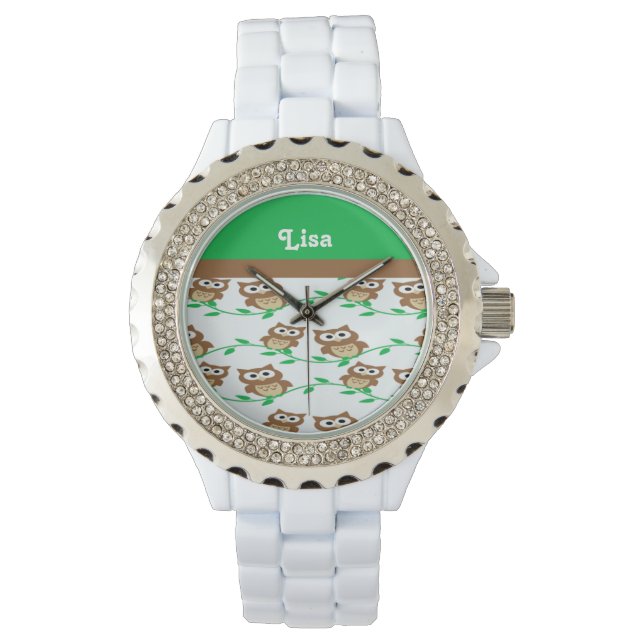 Relógio Coruja de nome personalizado com padrão (Frente)