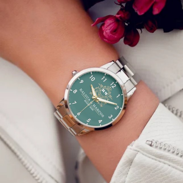 Relógio Couple names  green and gold monogram  (Criador carregado)