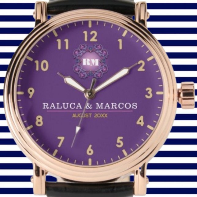 Relógio Couple names His and Her elegant purple monogram (Criador carregado)