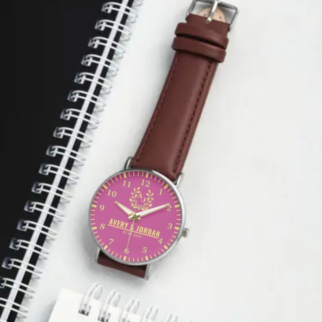 Relógio Couple Names Monogram Yellow & Pink Elegant  (Criador carregado)