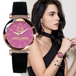 Relógio Couple Names Monogram Yellow & Pink Elegant 