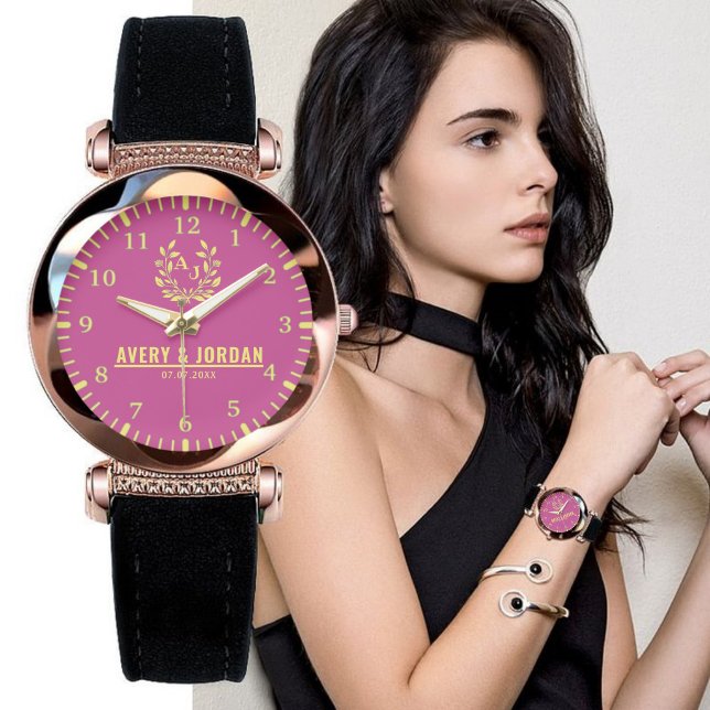 Relógio Couple Names Monogram Yellow & Pink Elegant  (Criador carregado)