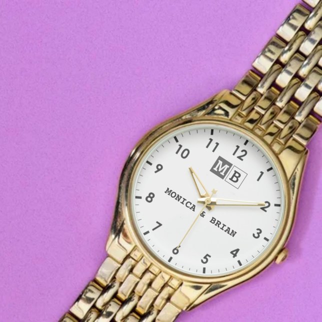 Relógio Couple’s Names with Initials & Wedding Date (Criador carregado)