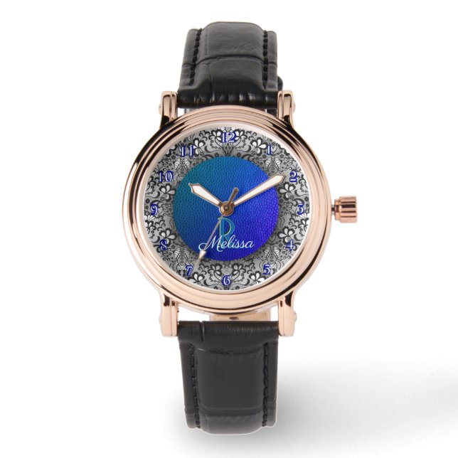 Relógio Couro azul e monograma chic preto (Frente)