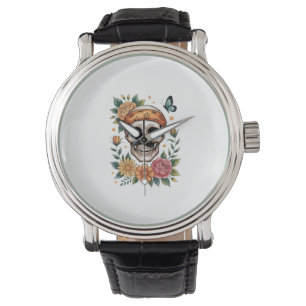 Relógio Craniano Floral Halloween Assustador