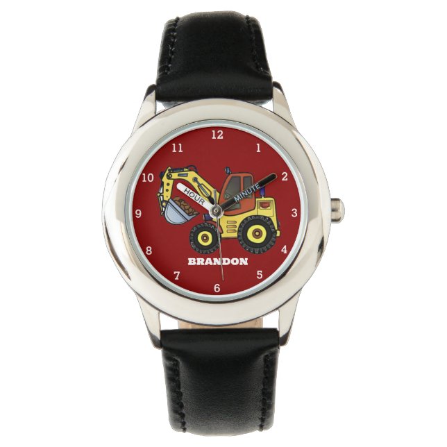 Relógio Crianças Boys Construction Digger Excavator Name (Frente)