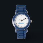 Relógio Crianças Brincadeiras Moderno Azul Nome Personaliz<br><div class="desc">Personalizados, personalizados, garotos divertem-se legal e bonita fita na moda azul de silicone, caixa plástica, relógio de pulso. Basta digitar o nome, para personalizar. Vá em frente crie um relógio personalizado maravilhoso para o menino da vida - filho, irmão, sobrinho, neto, afilão, enteado. Faz um presente personalizado de excelente para...</div>