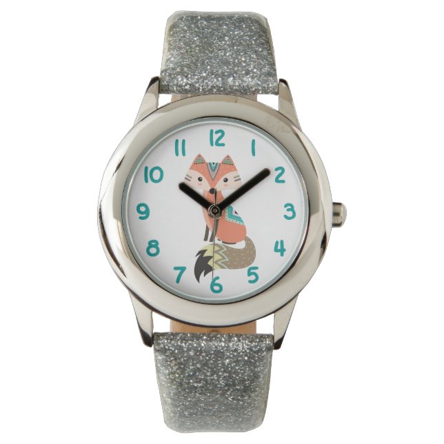 Relógio Crianças com Número Teal de Raposa Tribal (Frente)