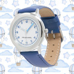 Relógio Crianças de couro azul de aço com nome de garoto p<br><div class="desc">Personalizar Nome do Menino Stainless Steel Blue Leather Strids Watch</div>