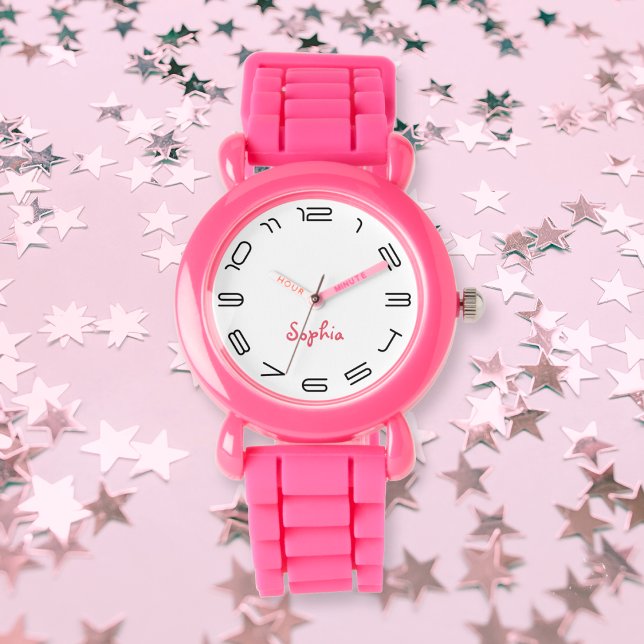 Relógio Crianças Meninas Moderno Cor-de-Rosa Quadrado Nome (Kids Girls Modern Chic Pink Custom Name Monogram Watch)
