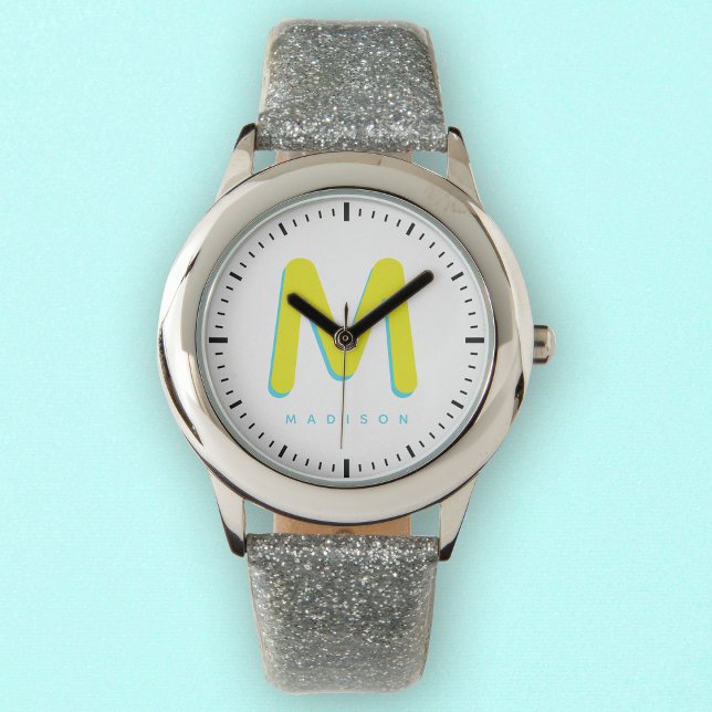 Relógio Crianças Nome Personalizado Legal Moderno Cujo Nom (Time for fun! Our kids' watch with a cute 3D monogram, custom name, and playful vibes.)