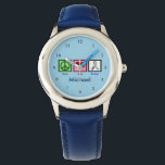 Relógio Crianças Personalizadas do Autismo Azul<br><div class="desc">Um sinal de paz,  coração e uma fita de autismo para a consciência do autismo para as pessoas no espectro. Um relógio de criança fofo em azul personalizado com o nome de uma criança.</div>