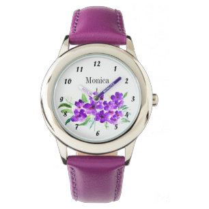 Relógio Crianças Roxo Flores Botânicas De Flor Selvagem No