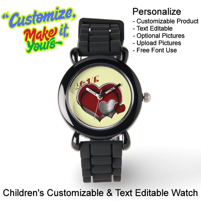 Relógio Crianças Silicone Preto Observar Rosto Amarelo (Children's Black Silicone Watch with a Yellow Face - Customizable & Text Editable.)