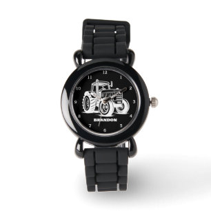 Relógio Crianças Trator Boys Black Custom Name