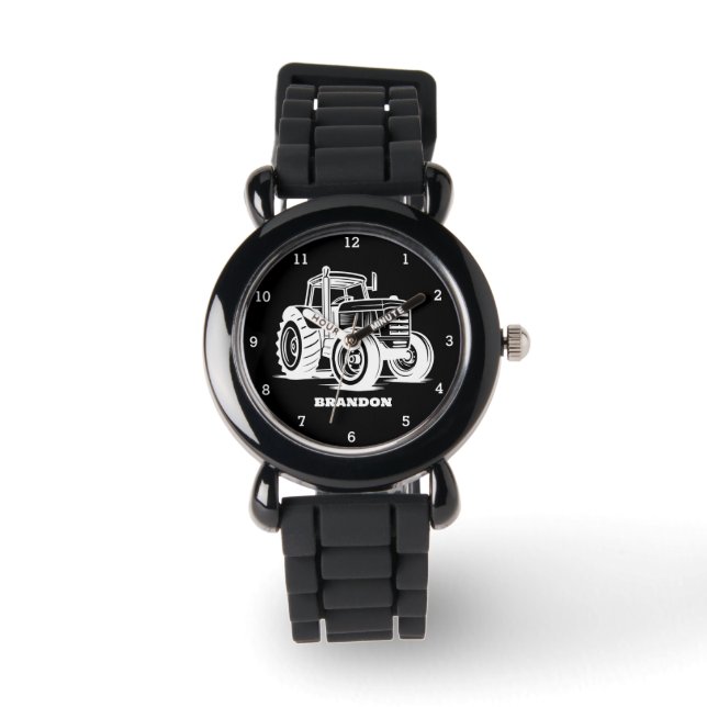 Relógio Crianças Trator Boys Black Custom Name (Frente)