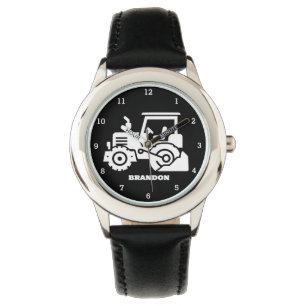 Relógio Crianças Trator Boys Black Custom Name