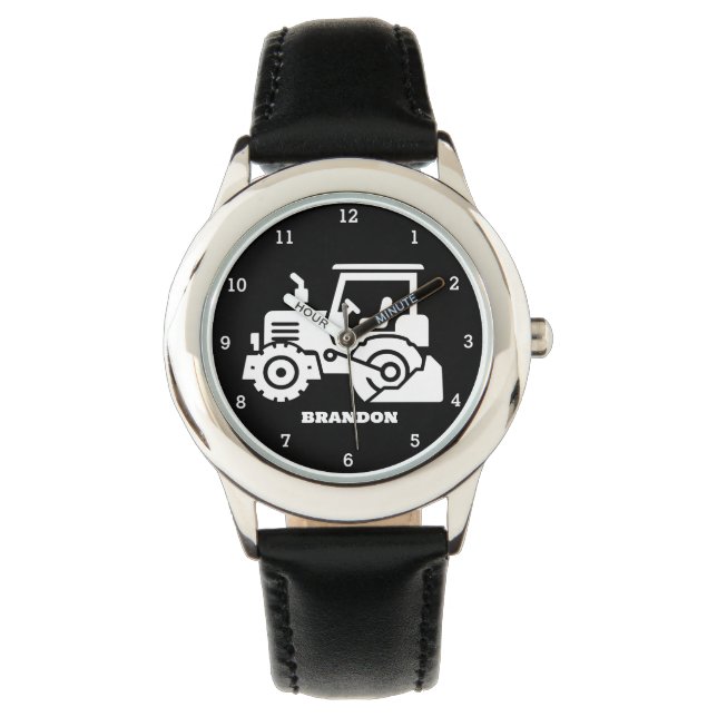 Relógio Crianças Trator Boys Black Custom Name (Frente)