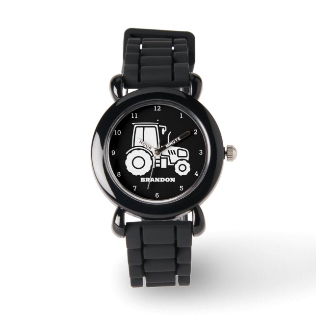 Relógio Crianças Trator Boys Black Custom Name (Frente)