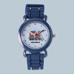 Relógio Crianças Treinam Meninos Nome Personalizado Azul<br><div class="desc">Azul,  trem,  transporte,  locomotiva,  veículo,  cuidado com crianças. Costume,  Crianças,  Nome,  garotos azuis de aço. Personalize-o com o nome do seu filho.</div>