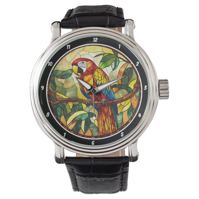 Relógio Crimson Jungle Time" - Stained Glass Red Parrot (Frente)