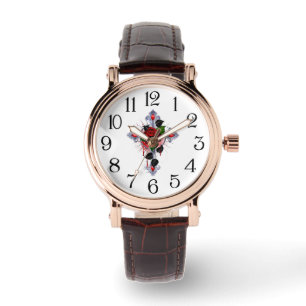 Relógio Cruz de Prata com Rosa vermelha