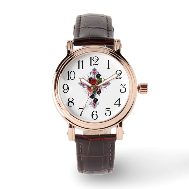 Relógio Cruz de Prata com Rosa vermelha (Frente)