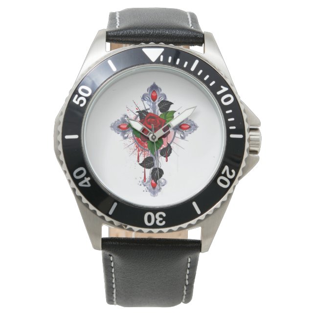 Relógio Cruz de Prata com Rosa vermelha (Frente)