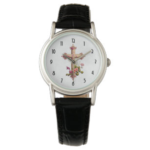 Relógio Cruz Elegante de Madeira com Flores Rosa