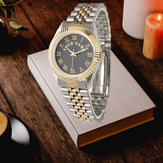 Relógio Custom Black Monogrammed Gold Silver Tone Bracelet (Criador carregado)