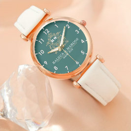 Relógio Custom couple floral names monogram  green