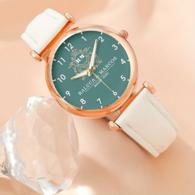 Relógio Custom couple floral names monogram  green (Criador carregado)