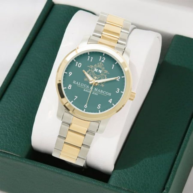 Relógio Custom couple floral names monogram  green (Criador carregado)