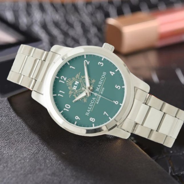 Relógio Custom couple floral names monogram  green (Criador carregado)