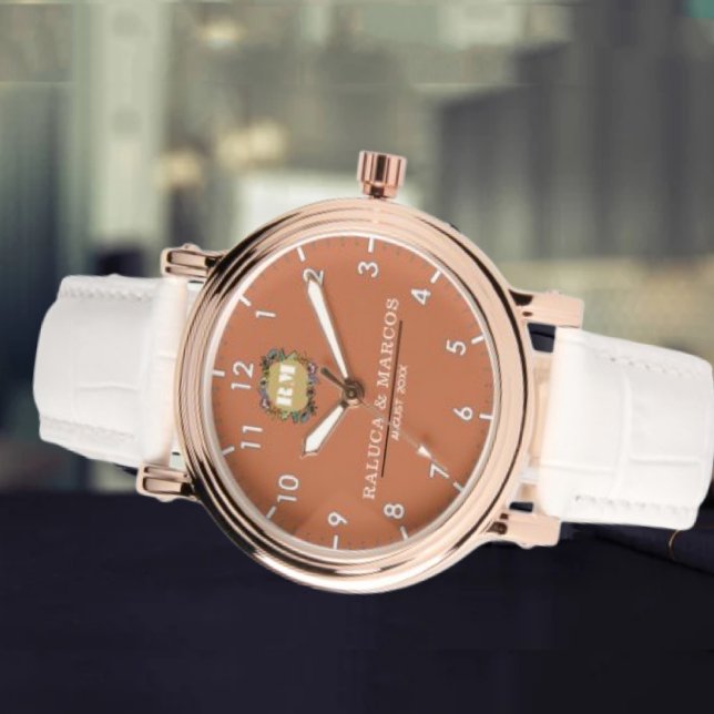 Relógio Custom couple floral names monogram orange (Criador carregado)