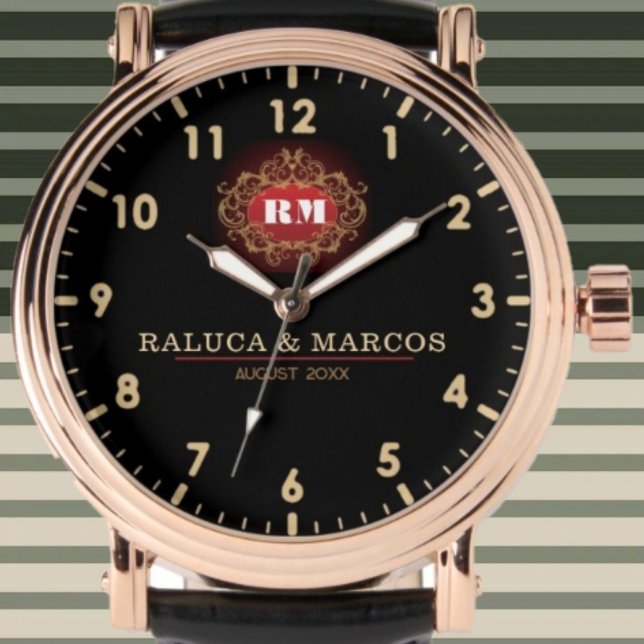 Relógio Custom couple names elegant floral monogram (Criador carregado)