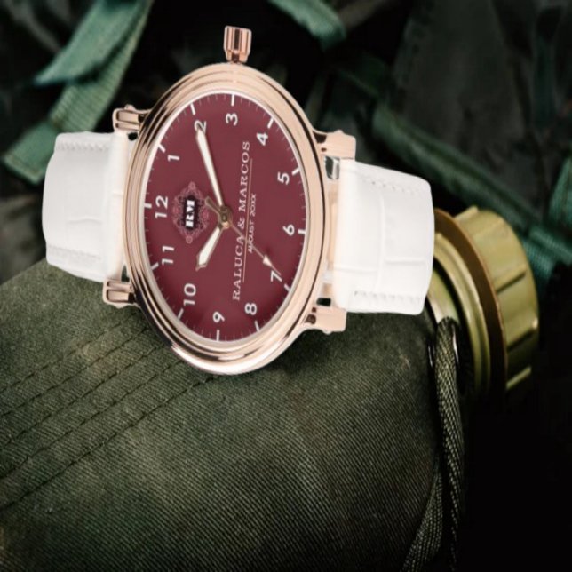 Relógio Custom couple names monogram burgundy (Criador carregado)